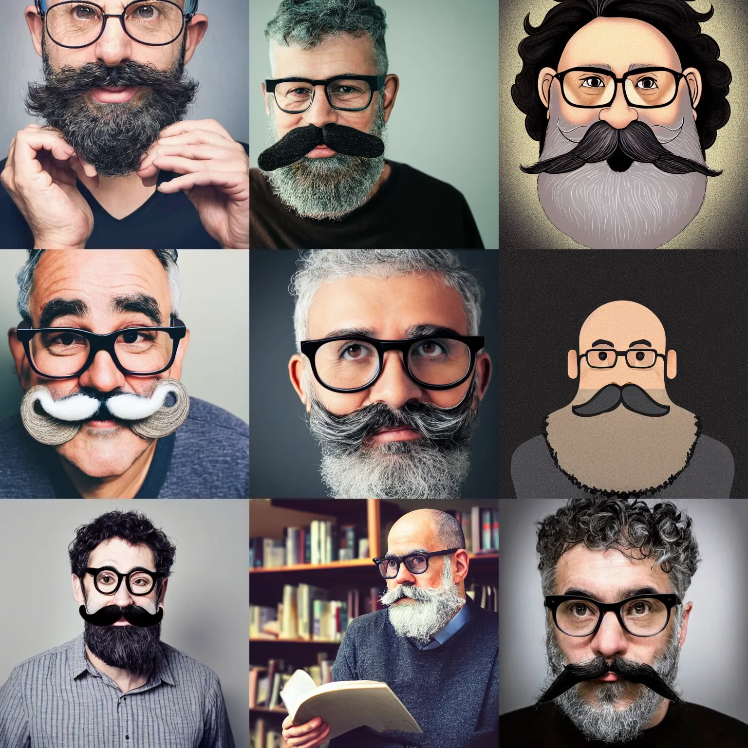 Prompt: a short curly grey haired and bearded guy with a round nose wearing reading glasses and a dark moustache