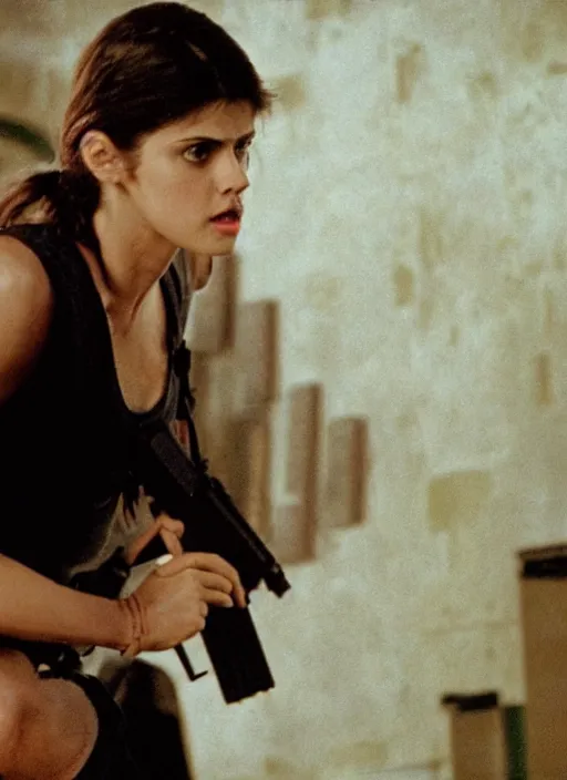 Image similar to film still of Alexandra Daddario as John McClane in Die Hard, 4k