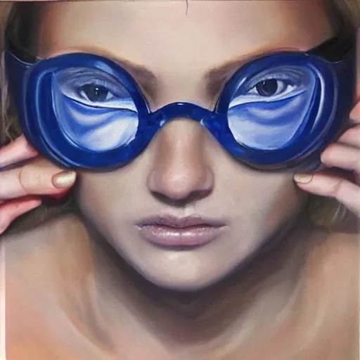 Prompt: hyperrealism oil painting, fashion model portrait underwater, swimming goggles