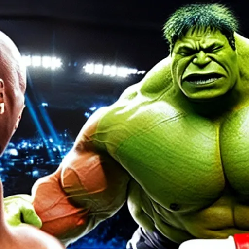 Prompt: Dwayne Johnson boxes with Hulk