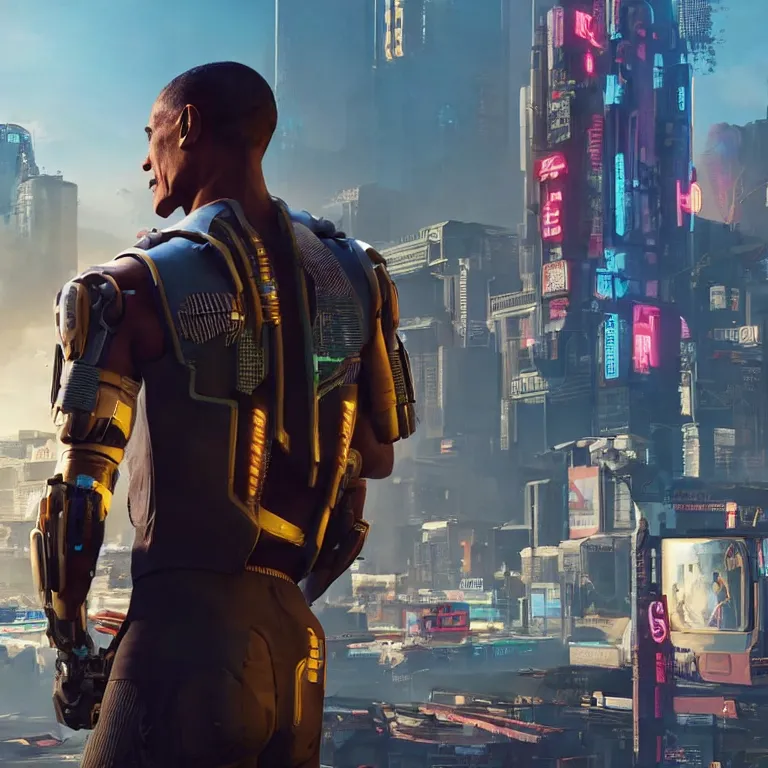 Prompt: barack obama as a cyborg in cyberpunk 2 0 7 7, technological, movie footage, high - tech, still frame