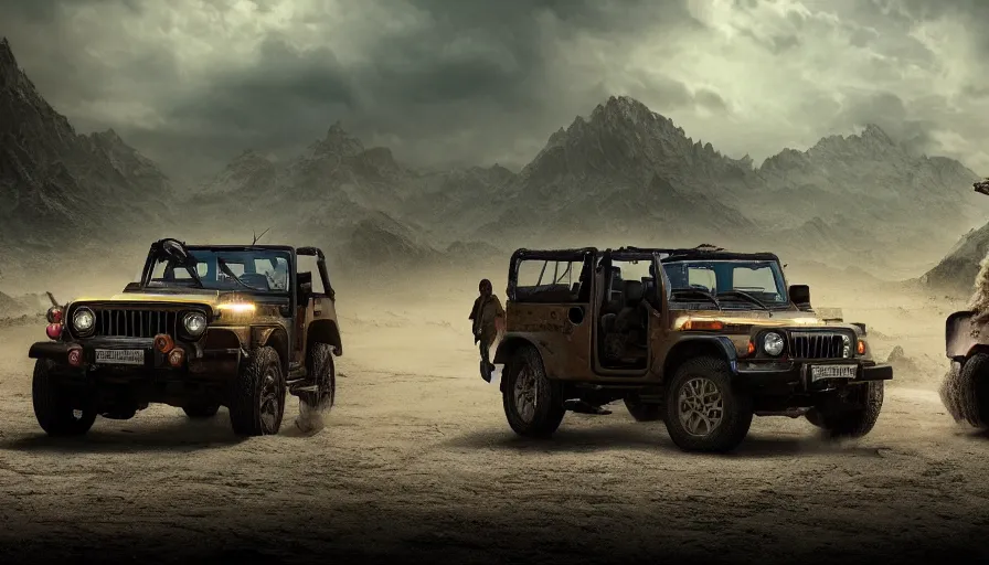 Prompt: Mahindra thar, tribe members attacking, action scene, an epic fantasy, dramatic lighting, cinematic, establishing shot, extremely high detail, photorealistic, cinematic lighting, artstation, matte painting, by christopher nolan, horizon forbidden west