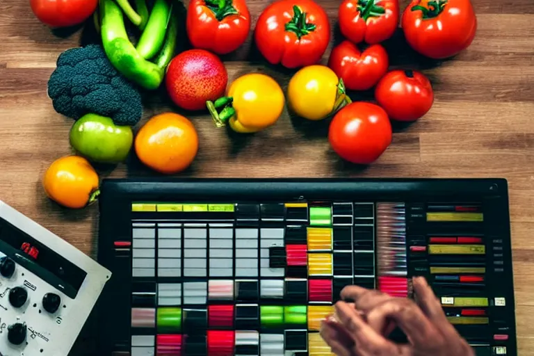 Image similar to film still of fresh fruits and vegetables with arms and legs making beats in the studio on an mpc