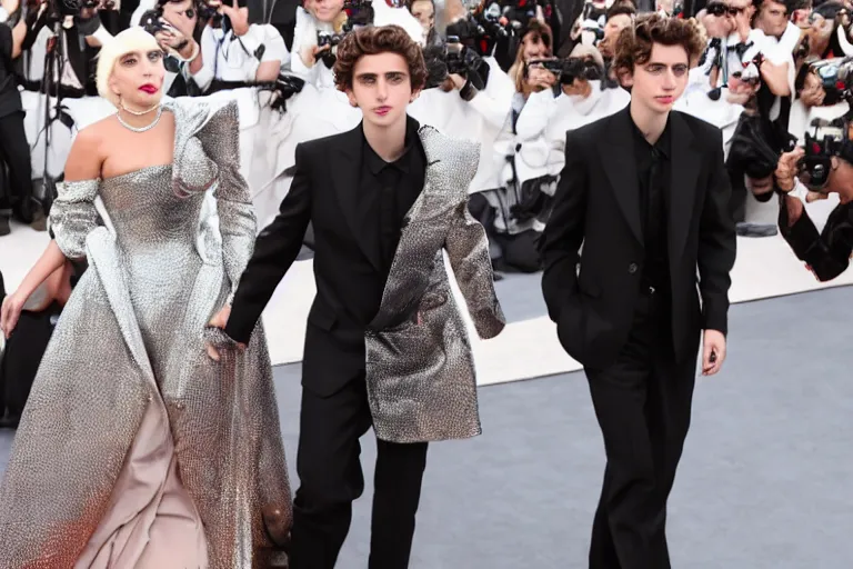 Image similar to lady gaga and timothee chalamet holding hands, red weapon 8 k s 3 5, cooke anamorphic / i lenses, highly detailed, cinematic lighting