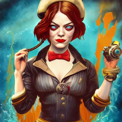 Image similar to underwater bioshock pirate captain portrait of emma stone, pixar style, by tristan eaton stanley artgerm and tom bagshaw.