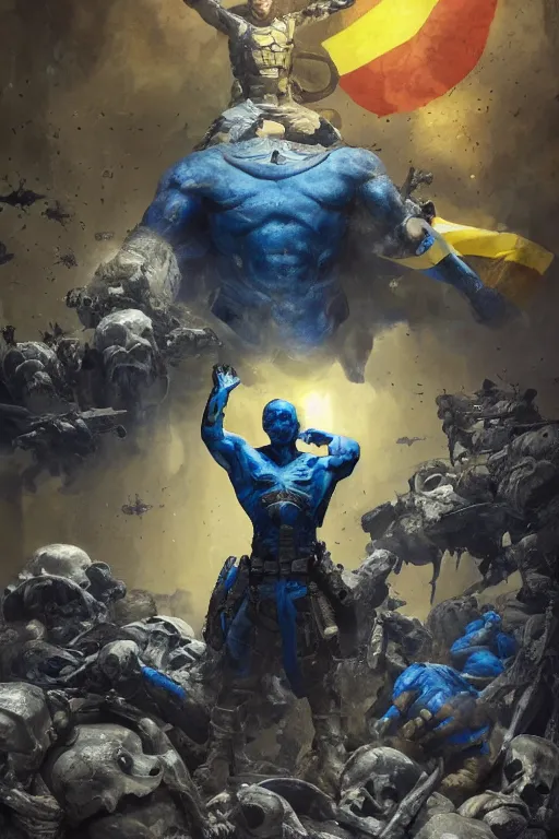 Prompt: A super soldier with Ukrainian blue and yellow flag is standing on a pile of skulls, Call of Duty, marvel, dark, intricate, highly detailed, smooth, artstation, digital illustration by Ruan Jia and Mandy Jurgens and Artgerm and Wayne Barlowe and Greg Rutkowski and Zdislav Beksinski