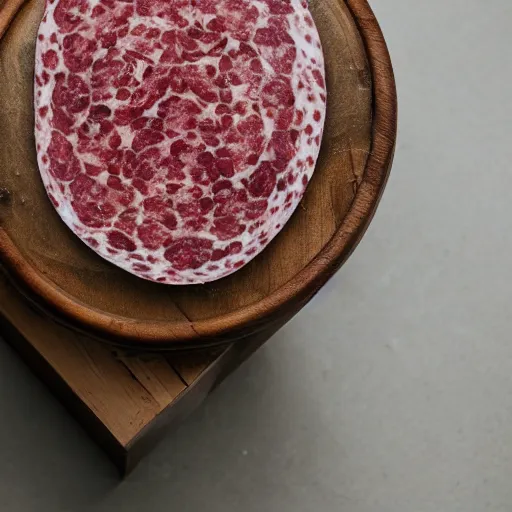 Prompt: a round salami bench, studio photography, 5 0 mm