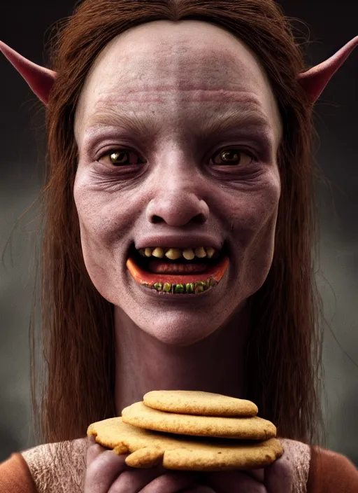 Prompt: closeup portrait of a female medieval goblin eating cookies, depth of field, zeiss lens, detailed, symmetrical, centered, fashion photoshoot, by Annie Leibovitz and Steve McCurry, David Lazar, Jimmy Nelsson, Breathtaking, 8k resolution, extremely detailed, beautiful, establishing shot, artistic, hyperrealistic, beautiful face, octane render