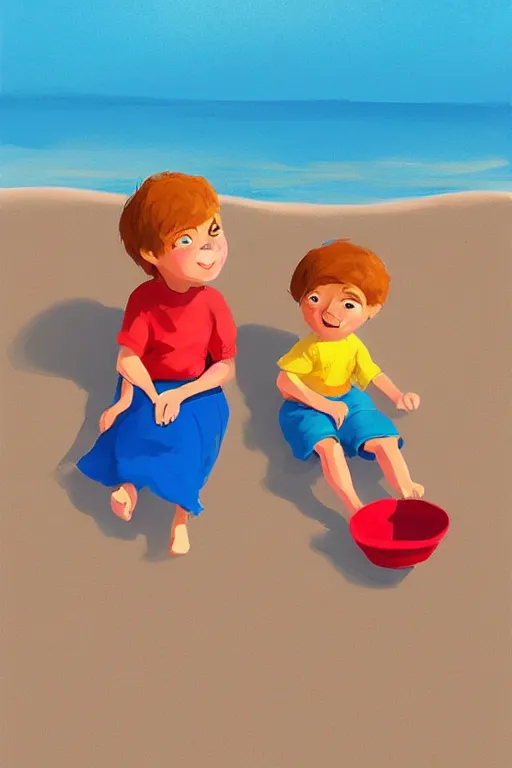 Image similar to Two children sitting on the beach, making sandcastles, blue sky, digital painting, artstation, children's book, smooth, sharp focus, behance, HD, by Benji Davies