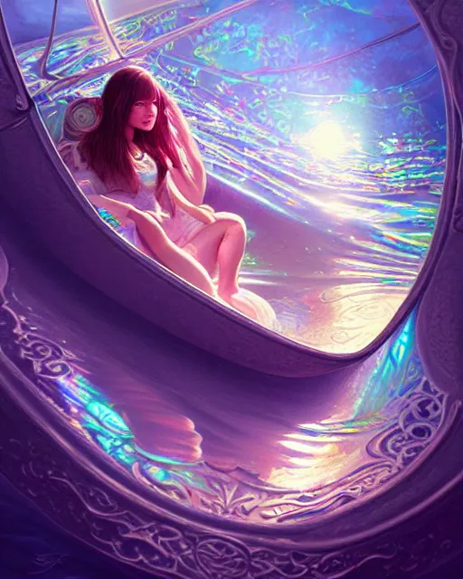 Prompt: cute woman inside an ornate sail boat of iridescent liquid, alchemy, shiny plastic, intricate, bloom, detailed, volumetric lighting, sharp focus, photorealism, digital painting, highly detailed, concept art, by by artgerm and wlop