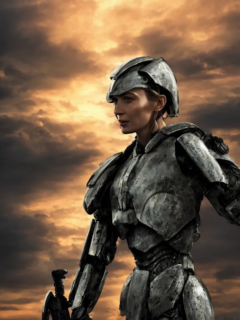 Image similar to emily blunt in futuristic power armor, close up portrait, solitary figure standing atop a pile of rubble, holding a sword on her shoulder, sunset and big clouds behind her