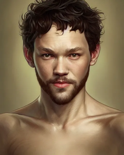 Image similar to character portrait of will young, intricate, wild, highly detailed, digital painting, artstation, upper body, concept art, smooth, sharp focus, illustration, art by artgerm and greg rutkowski and alphonse mucha