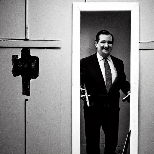 Image similar to Ted Cruz with a wide grin wielding a hatchet peaking through a door in the distance at the end of a narrow corridor, black and white, creepy lighting, scary, horror, ornate, eerie, fear, oil painting