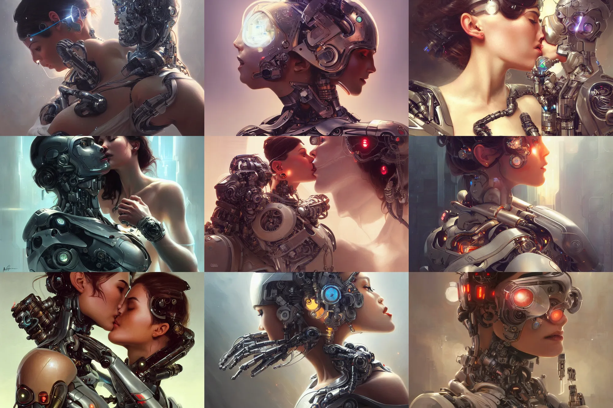 Prompt: Ultra realistic illustration, cyborg woman kissing a robot, cyberpunk, sci-fi, fantasy, intricate, elegant, highly detailed, digital painting, artstation, concept art, smooth, sharp focus, illustration, art by artgerm and greg rutkowski and alphonse mucha