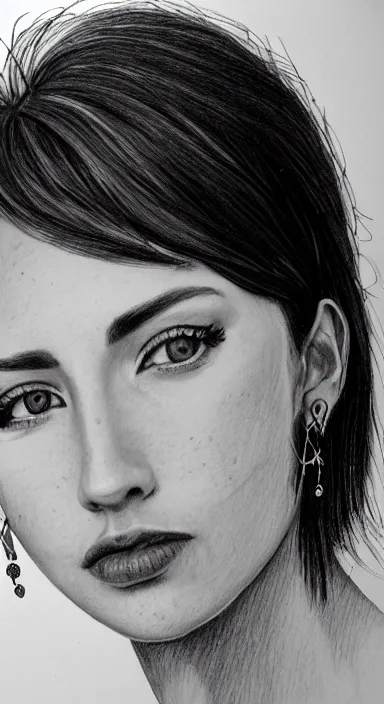 Image similar to highly detailed realistic pencil sketch portrait of a beautiful woman with short hair and bangs and freckles and nose piercing and earrings