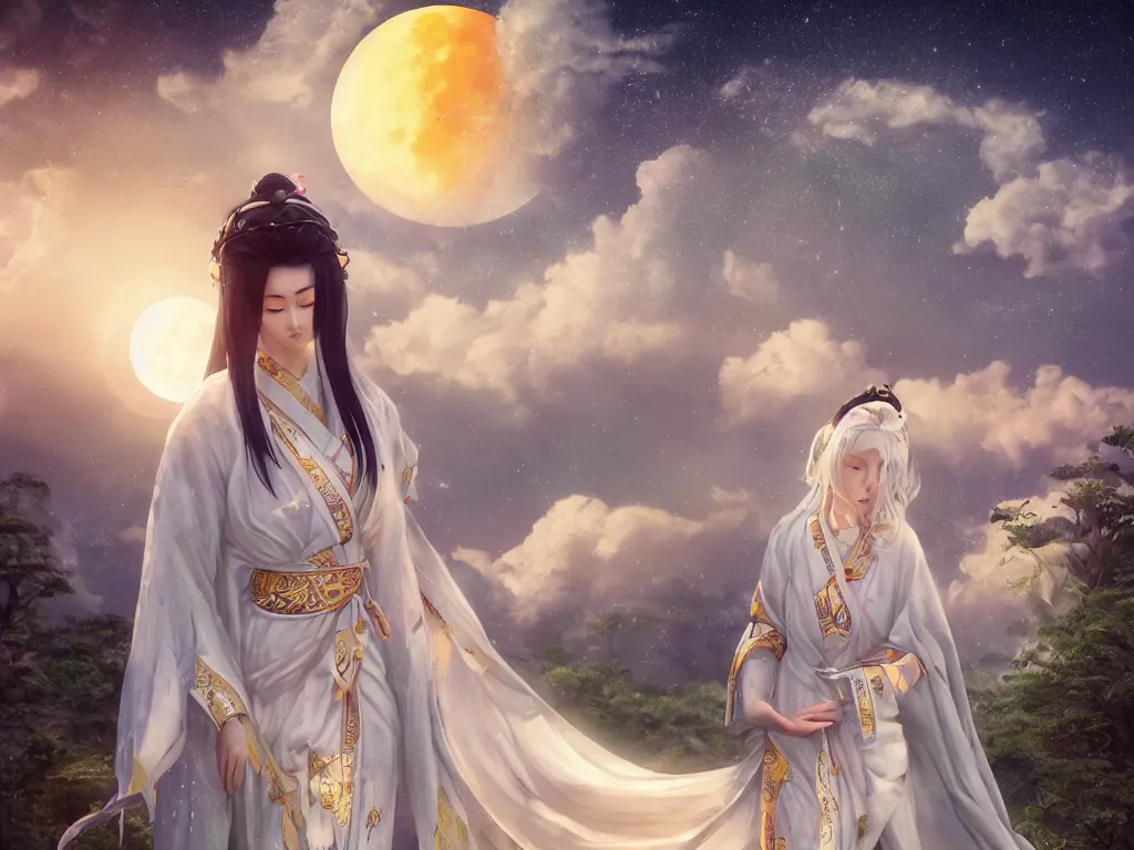 Image similar to Beautiful goddess of the moon, Kaguya, in front of giant moon, traditional white kimono, mystic, mist, gemstone, artefact, runes, medieval, forest, sunset, dolphins on the horizon, cinematic, high quality, cgsociety, artgerm, 4K, UHD, trending on ArtStation