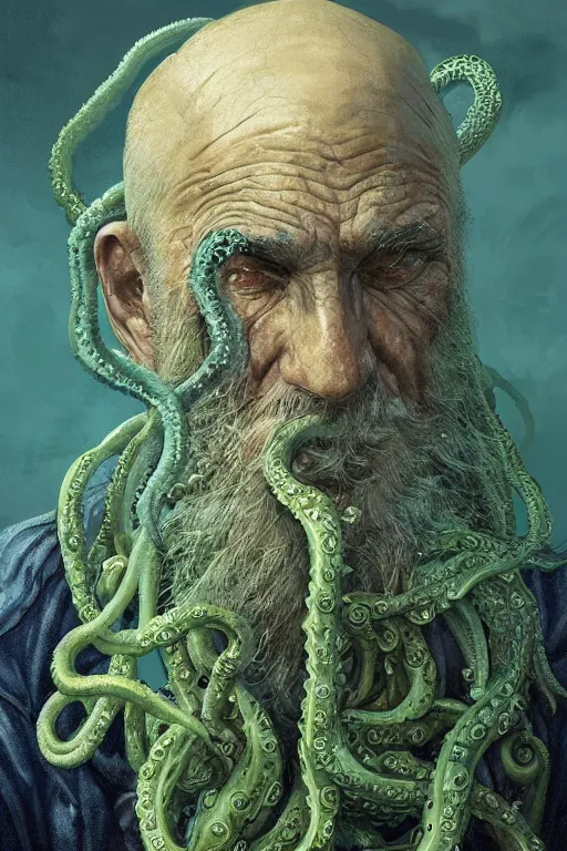 Image similar to portrait of an old fisherman with tentacles growing on him, blue and green, eldritch, d & d, face, fantasy, intricate, elegant, highly detailed, digital painting, artstation, concept art, smooth, sharp focus, illustration, art by greg rutkowski