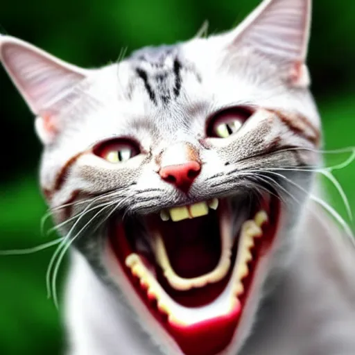 Image similar to ( cat ) with a creepy grinning human face, big white teeth