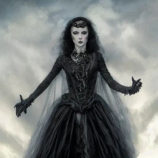 Prompt: closeup portrait of a young and beautiful vivian leigh in gothic clothing, dramatic light, gorgeous view, depth, high detail, digital art, painted by greg rutkowski and seb mckinnon, by tim burton, trending on artstation