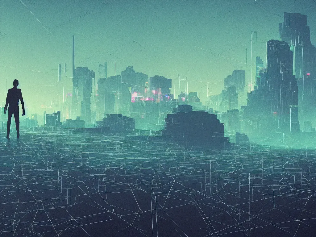 Prompt: synthwave landscape of a lone traveler walking towards a distant cyberpunk castle , cyberspace, grid, virtual, night, wireframe, by John Smith, by Alena Aenami, by Greg Rutkowski, wide angle, highly detailed, cinematic, Blue and Green color scheme