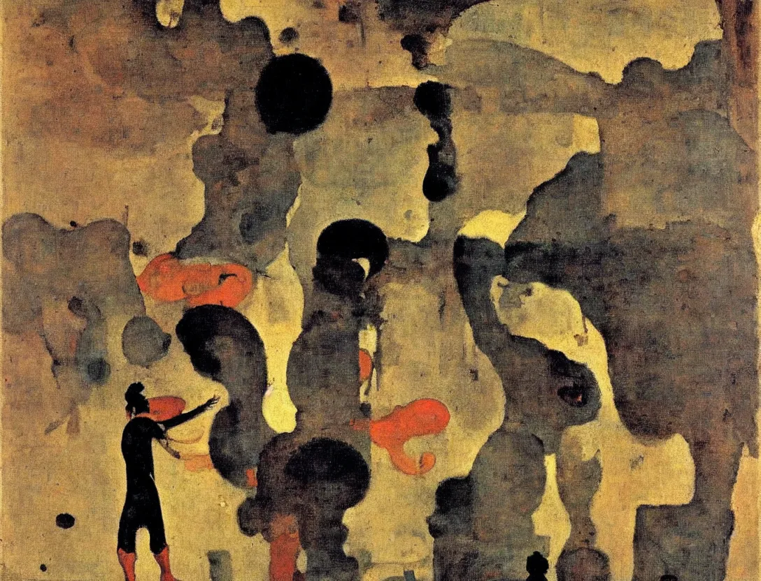 Image similar to a multiracial greek god following a watchful light through the streets of a city, sparse detail, by george luks, joan miro and moebius