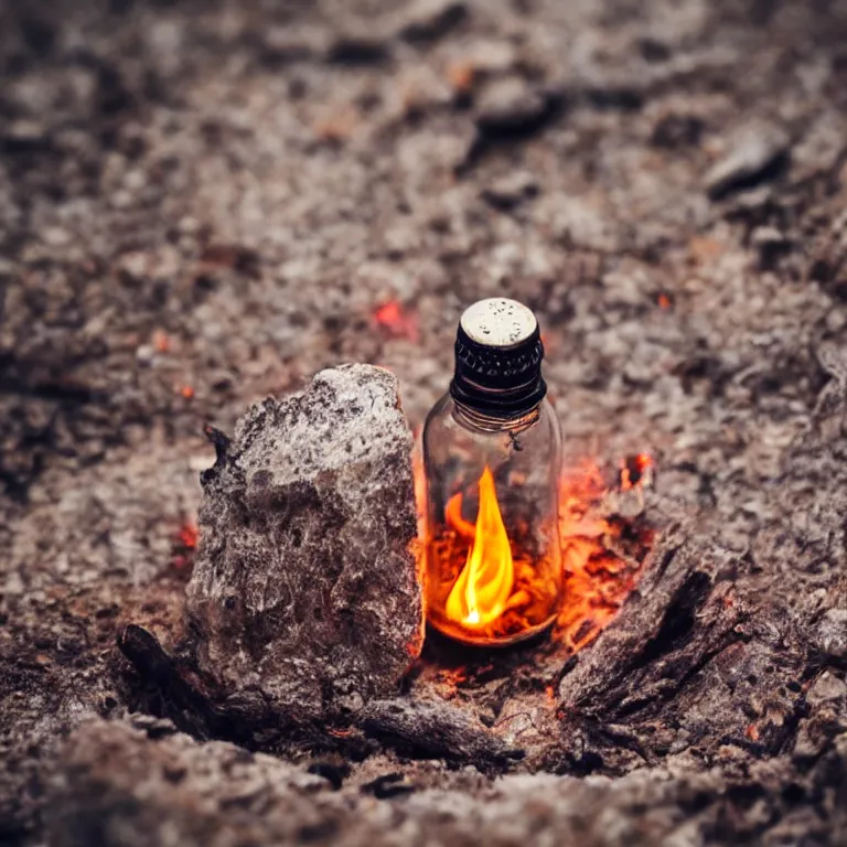 Prompt: close - up of a tiny bottle with a tent and campfire inside. dramatic lighting, night, hyper realistic, highly detailed, 4 k