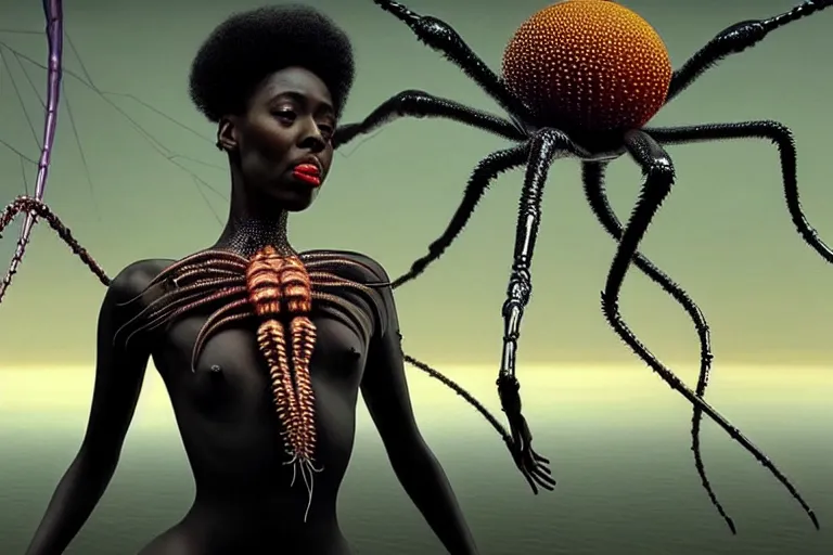 Image similar to realistic detailed portrait movie shot of a beautiful black woman dancing with a giant spider, futuristic sci fi landscape background by denis villeneuve, jean deville, yves tanguy, ernst haeckel, alphonse mucha, max ernst, caravaggio, roger dean, sci fi necklace, fashion, masterpiece, rich moody colours