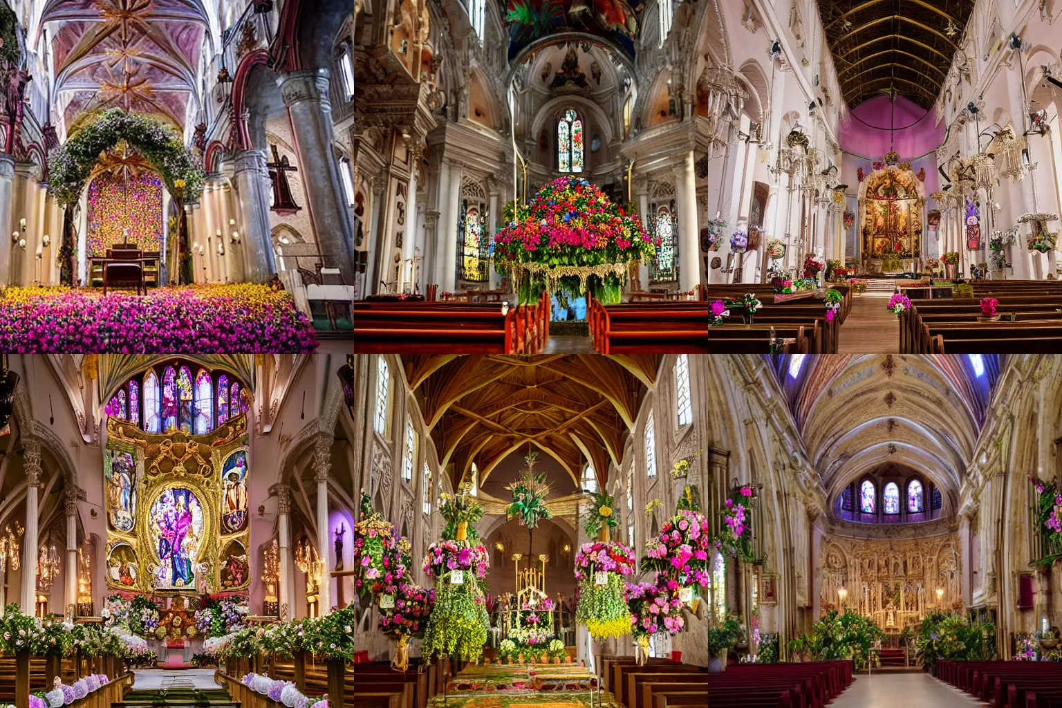 Prompt: Inside the church made of flowers and jewels. photoreal