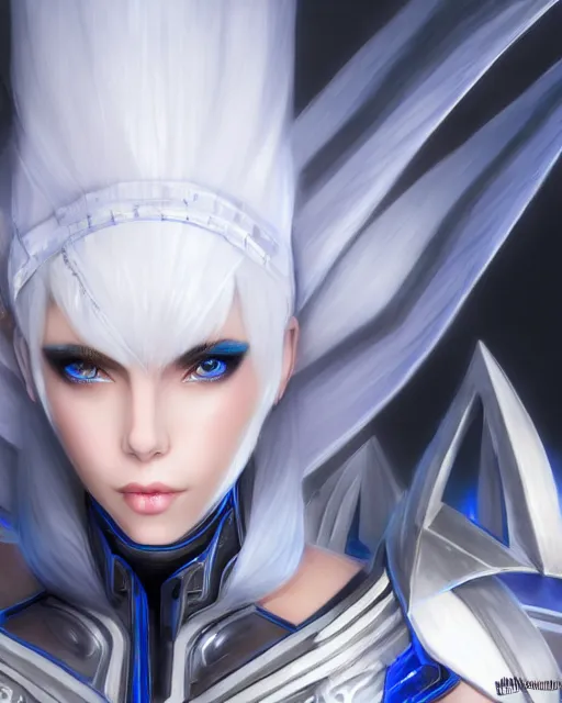 Image similar to perfect white haired attractive egyptian goddess, warframe armor, beautiful, symmetric, dreamy, half asian, pretty face, blue eyes, charlize theron, detailed, scifi platform, laboratory, experiment, 4 k, ultra realistic, epic lighting, android body, illuminated, cinematic, masterpiece, art by akihito tsukushi, voidstar