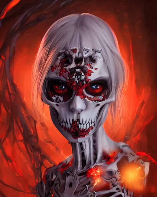 Prompt: A realistic anime portrait of a beautiful skeleton woman with glowing red eyes wearing clothes made of skulls, digital painting, by Stanley Artgerm Lau, Sakimichan, WLOP and Rossdraws, digtial painting, trending on ArtStation, SFW version