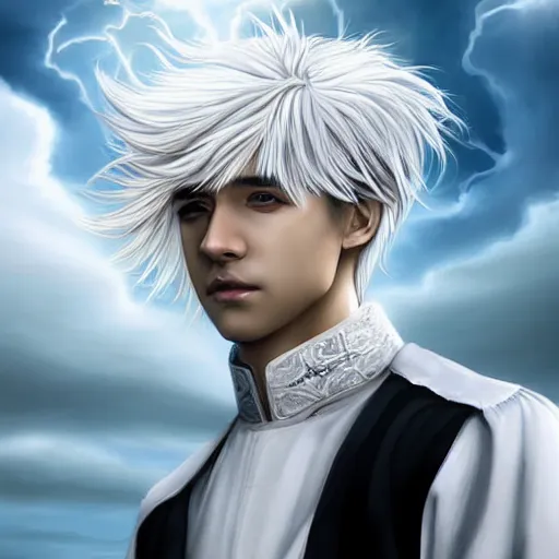 Prompt: a portrait of a young handsome prince, white hair, fringy bangs, white shirt and black tunic, smooth, epic clouds, beautiful landscape, backlit, incredible lighting, strong rim light, highly detailed, god rays, digital painting, HDRI, by Heise Jinyao, Heise-Lian Yan Fang, Feimo, Richard Taddei, vivid colors, high contrast, 8k resolution, intricate, photorealistic