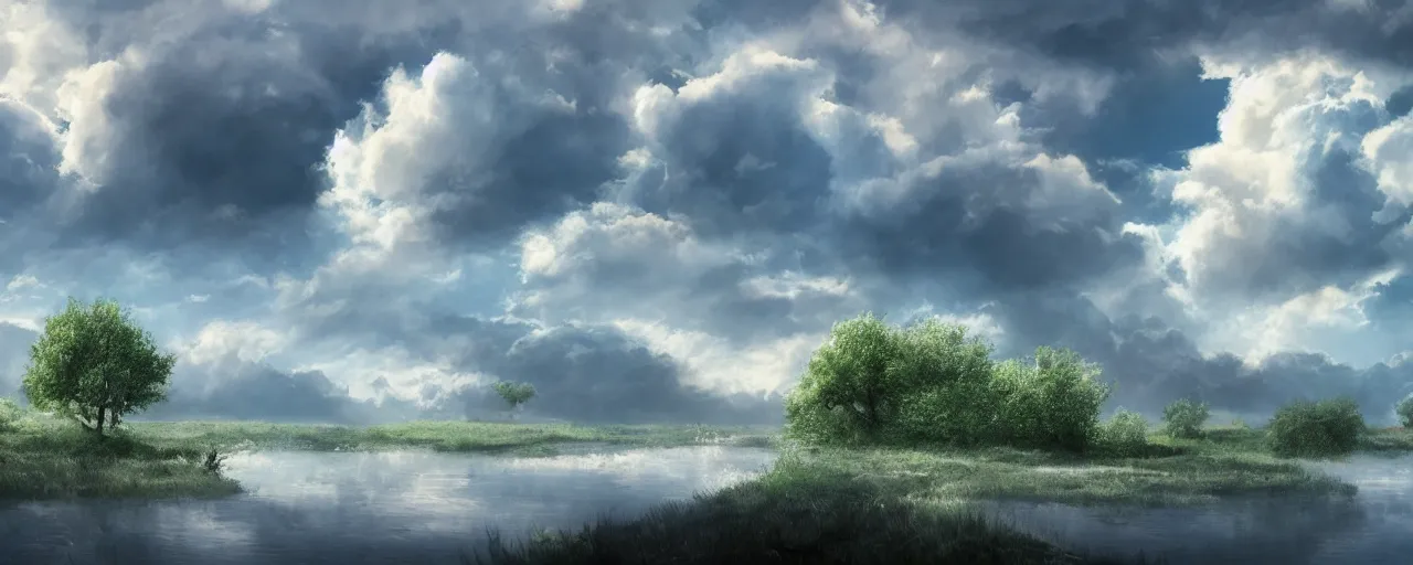 Image similar to peaceful puffy clouds, matte painting, concept art, 4k