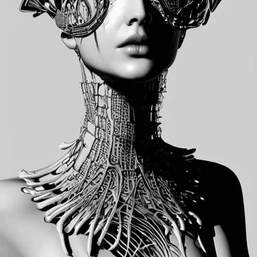 Image similar to closeup portrait of an absurdly beautiful, graceful, sophisticated, fashionable cyberpunk mechanoid gravure idol, an ultrafine hyperdetailed illustration by irakli nadar, matt wisniewski style, fashion photography, intricate linework, porcelain skin, jellyfish headdress, fractal ivory carved ruff, unreal engine 5 highly rendered, global illumination, radiant light, detailed and intricate environment