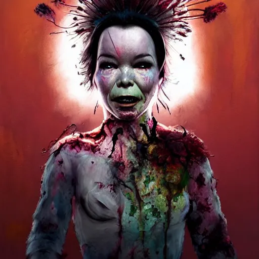 Image similar to color head portrait of bjork as a zombie, 7 days to die zombie, gritty background, fine art, award winning, intricate, elegant, sharp focus, cinematic lighting, digital painting, 8 k concept art, art by michael hussar, art by brom, art by guweiz and z. w. gu, 8 k