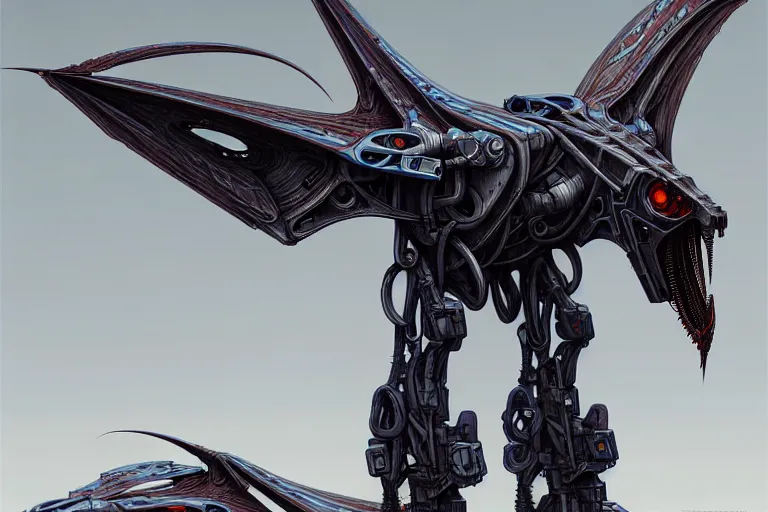 Prompt: pterodactyl cyborg mech wings, by alexandre ferra, zezhou chen, peter gric, mohamed reda and hr giger, hyper detailed line art, screen print, character concept art, realistic, coherent, octane render, zbrush central, behance hd, hypermaximalist