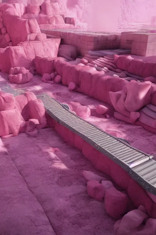 Prompt: conveyor belt transporting pink diapers into a giant pit, fantasy, magic, 4 k, ultra realistic, photorealism, detailed