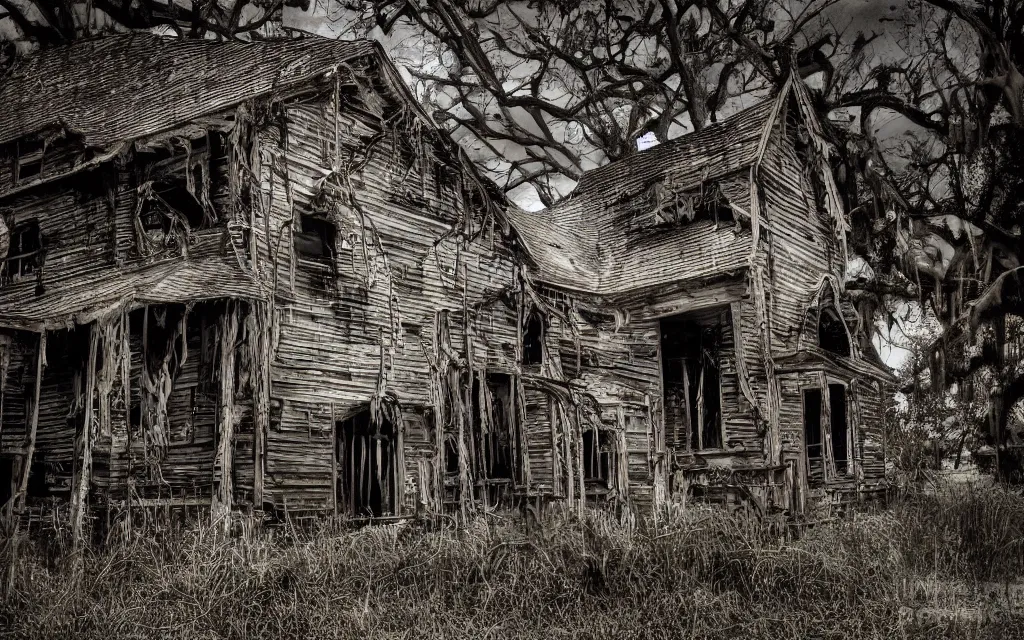 Prompt: an old wooden church rotting away in the bayou with tentacles growing from within, realistic, old color photograph, dynamic composition, creepy