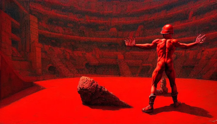 Prompt: only with red, a red gladiator in a crowded roman amphitheatre, crowd cheers him, in the style of beksinski, parts by edward hopper, parts by rodcenko, parts by yue minjun, intricate and epic composition, red by caravaggio, insane quality, highly detailed, masterpiece, red light, artstation