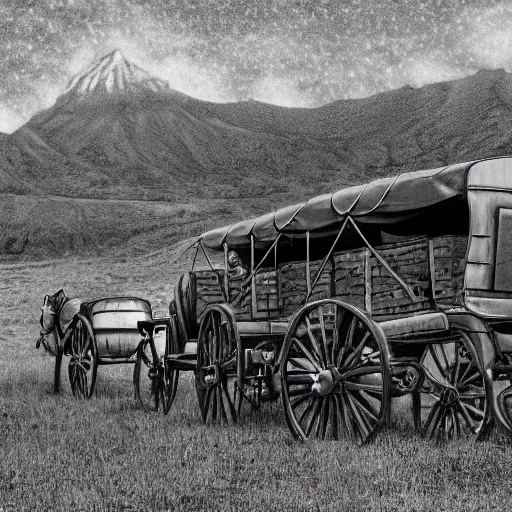 Image similar to a monochromatic sepia photograph of a delorean time machine traveling with covered wagons and pioneers on the oregon trail, trending on art station,