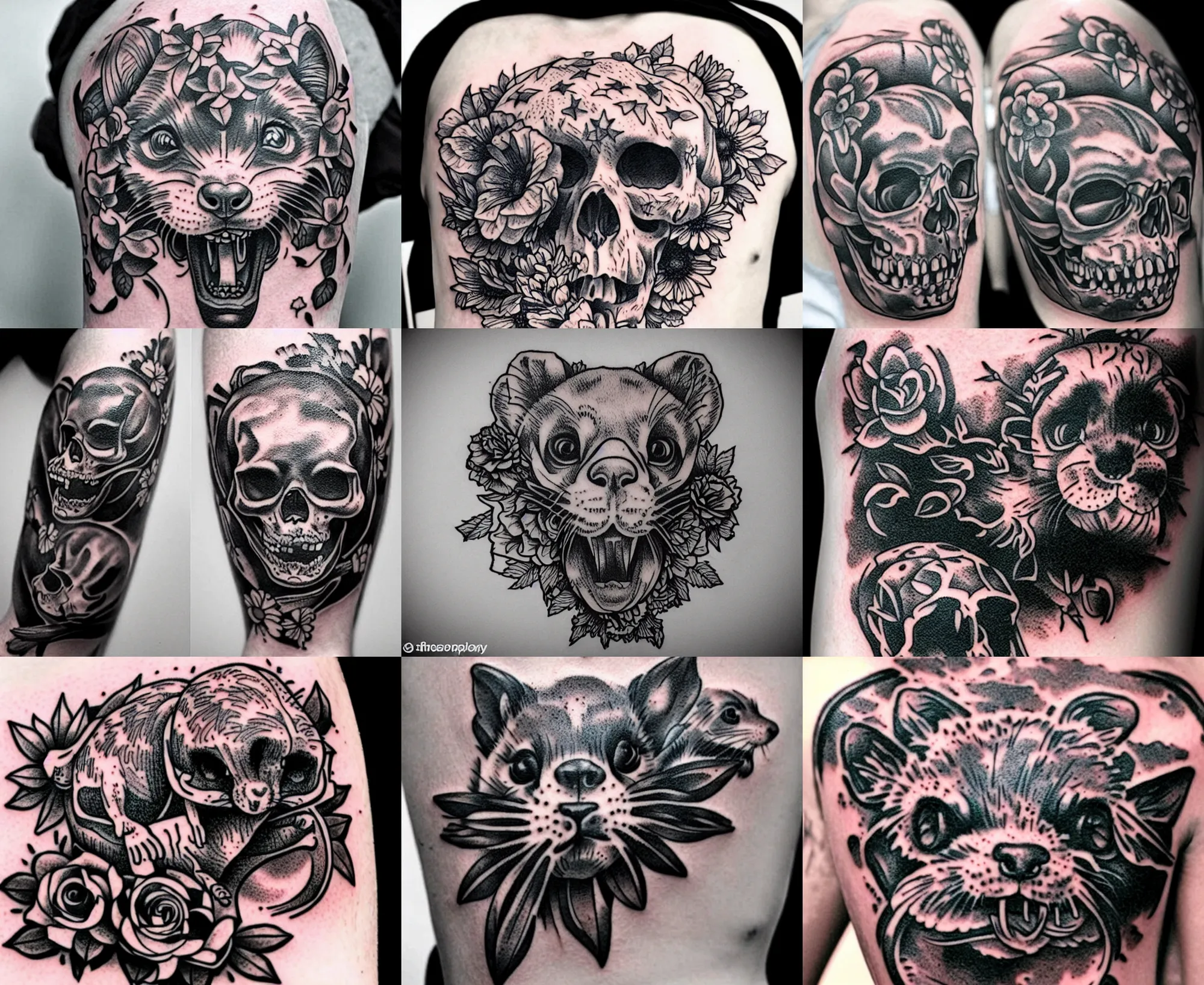 Image similar to detailed amazing tattoo stencil of a floral ferret crawling on a human skull