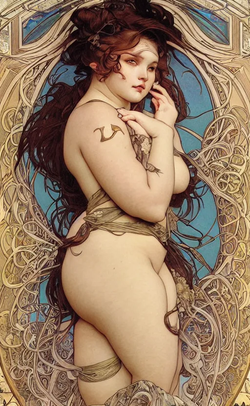 Prompt: hyper-realistic detailed face portrait of attractive chubby, plus-sized model by Alphonse Mucha, Ayami Kojima, Amano, Charlie Bowater, Karol Bak, Greg Hildebrandt, Jean Delville, and Mark Brooks, Art Nouveau, Neo-Gothic, gothic, rich deep moody colors