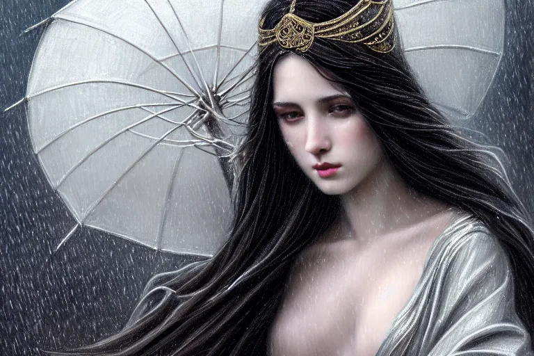 Image similar to highly detailed portrait of a beautiful girl in the rain with wet dark hair and pale skin, ornate elegant silver robes, fantasy, intricate, elegant, dramatic lighting, emotionally evoking symbolic metaphor, highly detailed, lifelike, photorealistic, digital painting, artstation, concept art, smooth, sharp focus, illustration, art by John Collier and Albert Aublet and Krenz Cushart and Artem Demura and Alphonse Mucha