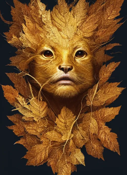 Image similar to golden leaves at frame border, creative!!! composition for a book cover, absurdly beautiful, ultrafine hyperrealistic detailed animal face by wlop and artgerm and greg rutkowski, intricate linework, sharp focus, smooth, octopath traveler, final fantasy, unreal engine, dramatic lighting, ethereal, 8 k