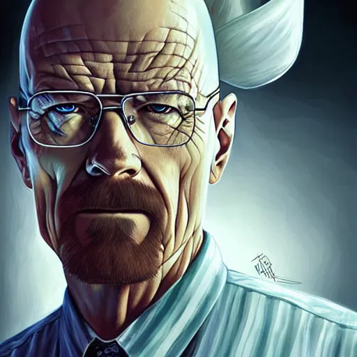 Image similar to Walter White mad and bald by Artgerm and Greg Rutkowski, intricate, elegant, highly detailed, digital painting