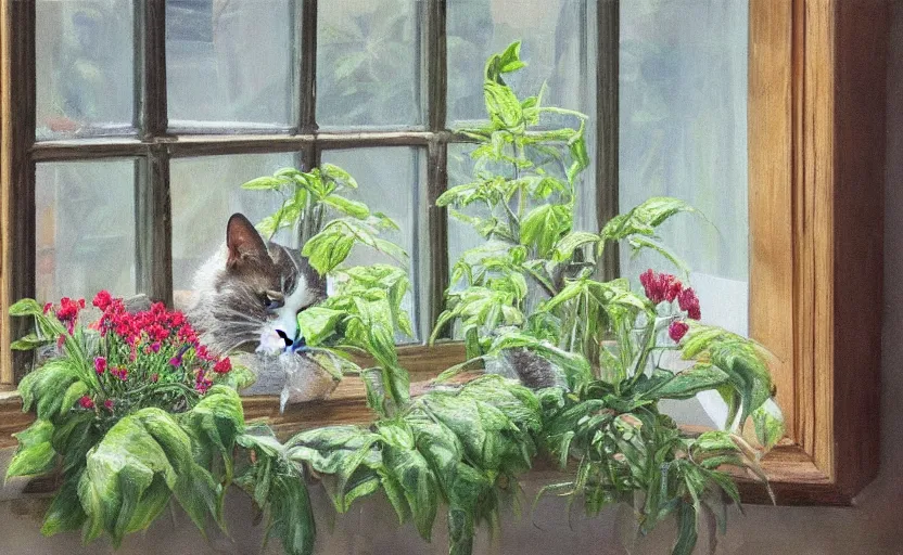 Prompt: sleeping cat on window, inside house in village, plants, detailed oil painting