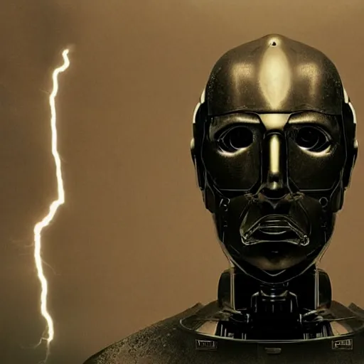 Image similar to movie scene of a man with a robot head, movie still, cinematic composition, cinematic lightning, Movie by David Lynch, Movie by Andrzej Żuławski