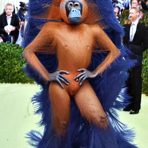 Image similar to An orangutan wearing a navy designer dress attending the Met Gala, hyperdetailed, photorealistic, high fashion