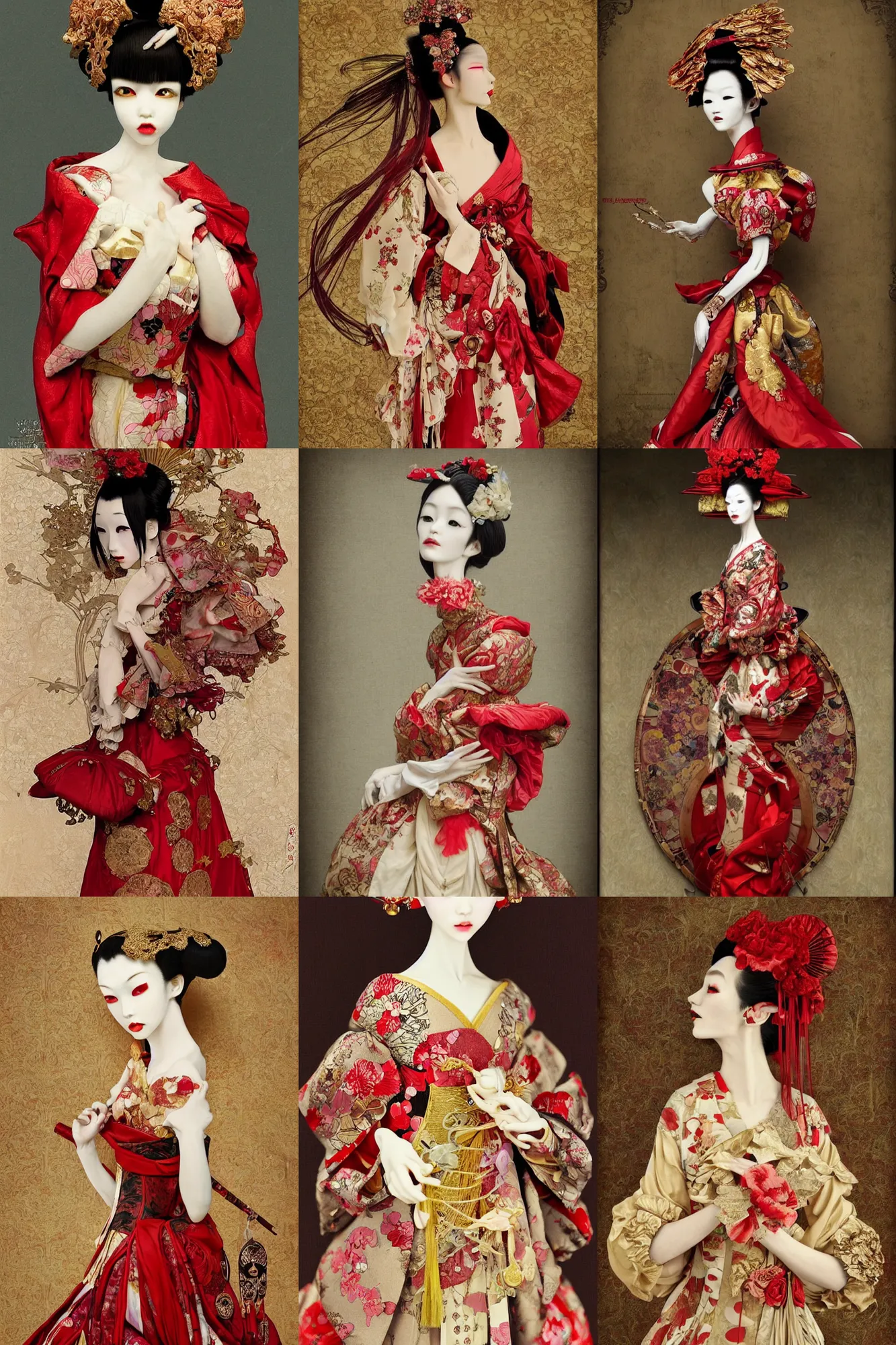 Prompt: avant - garde vogue fashion portrait of an emaciated japanese bjd geisha queen with a long neck in a victorian lolitafashion red dress painted by nekro, alphonse mucha, dark - fantasy, intricate detail, cgsociety, rococo, gold leaf art