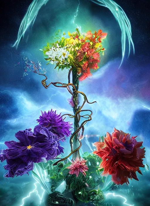 Image similar to An epic fantastic realism comic book style painting of the most beautiful entwined flowers launched across the dark galactic night sky, nebulous bouquets, fisheye, lightning creating life, unreal 5, DAZ, hyperrealistic, octane render, dynamic lighting