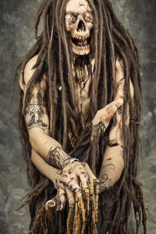 Image similar to a horror shaman with dreadlocks in sacrament of death and destruction